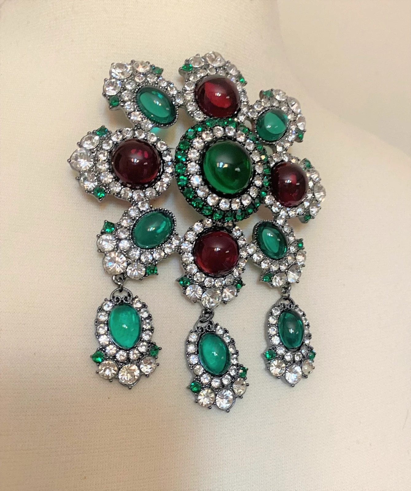 Signed Red, Green Glass Gripoix Style Cabochons, Rhinestones Large Pin Brooch 5″