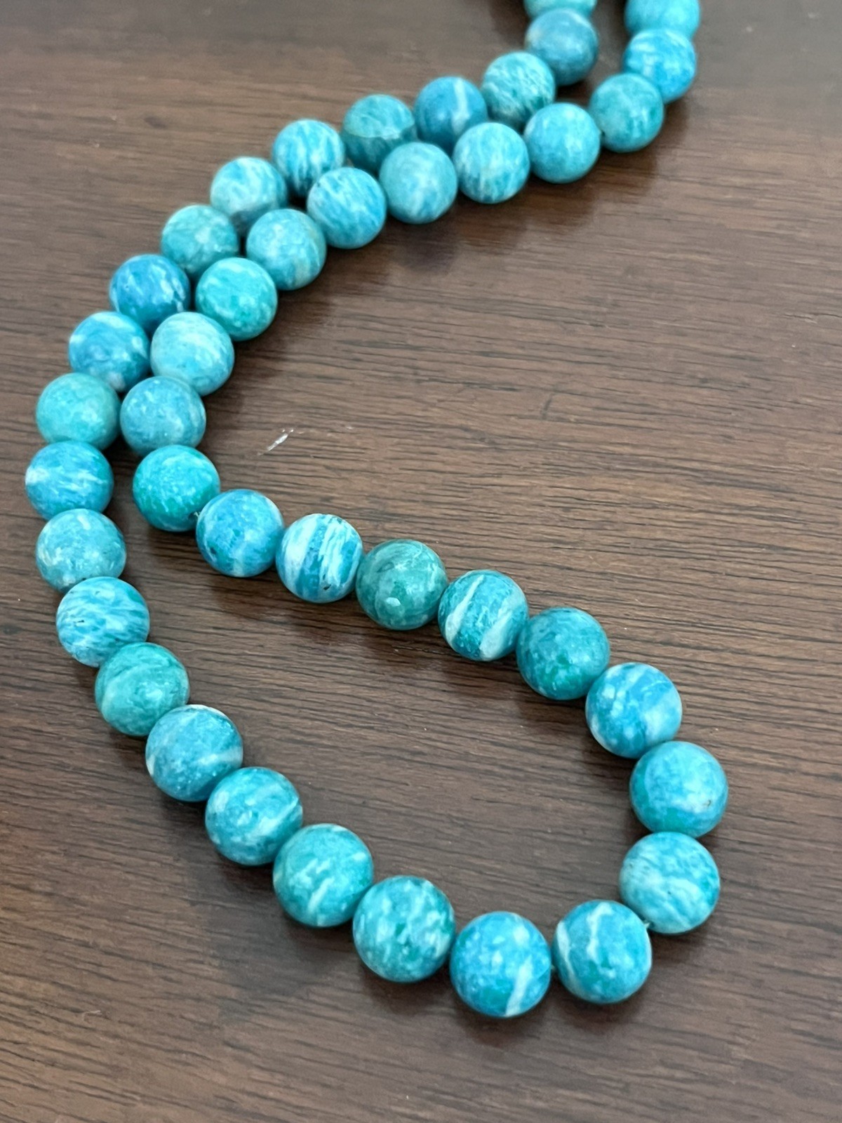 Gorgeous and Simple Green Amazonite Stone Beaded Necklace Silver Clasp