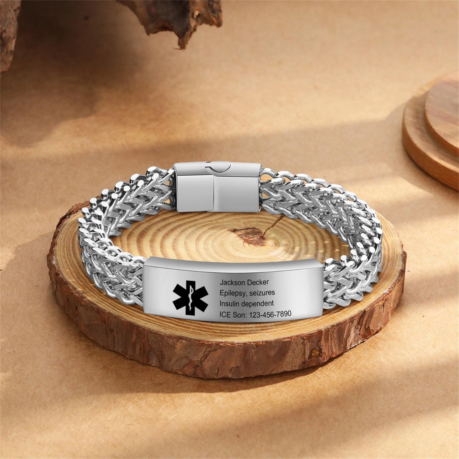 2PCS Free Engraving Medical ID Bracelet Stainless Steel Emergency Wristband