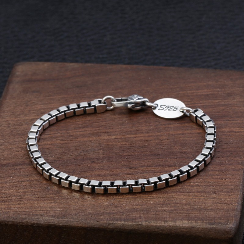 Men’s 925 Sterling Silver Venetian Box Chain Bracelet 4mm Square Link 7.87in