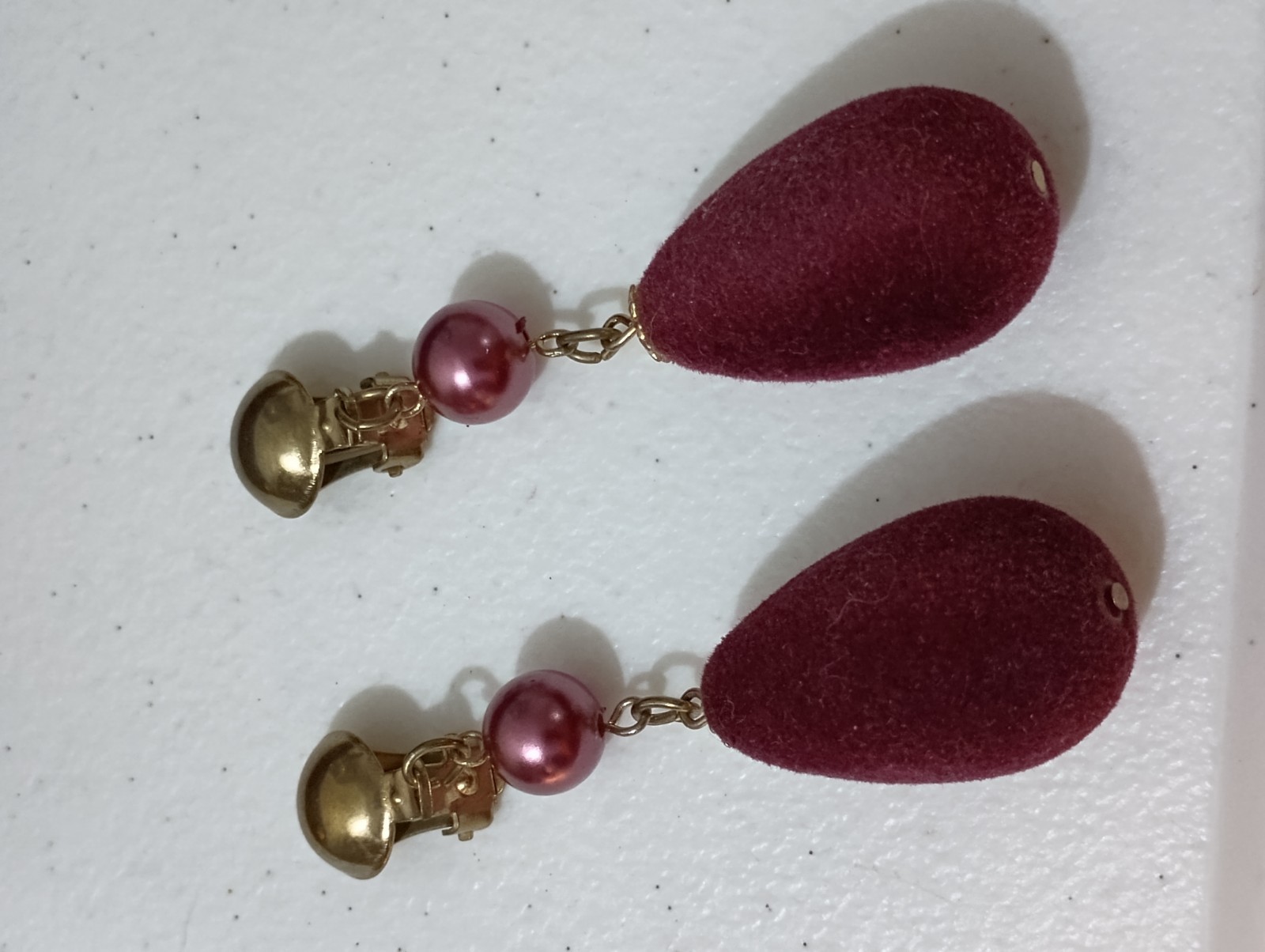 Long 1970s Velvet Purple Bead Brass Gold Tone Dangle ClipOn Earrings ~2.8 in