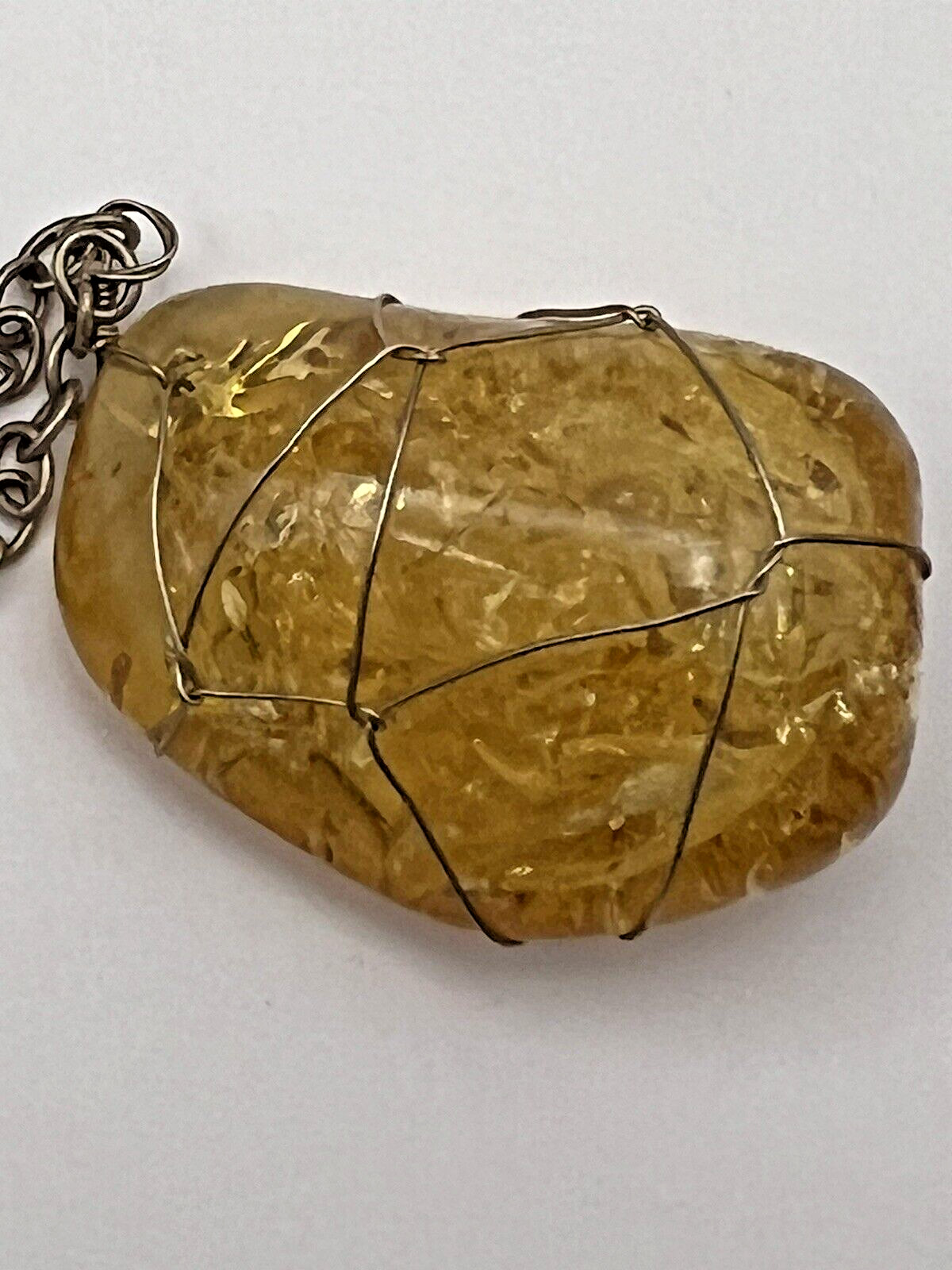 Vintage Wire Wrapped Faux Citrine Stone Necklace Yellow Beads Gold Tone Chain