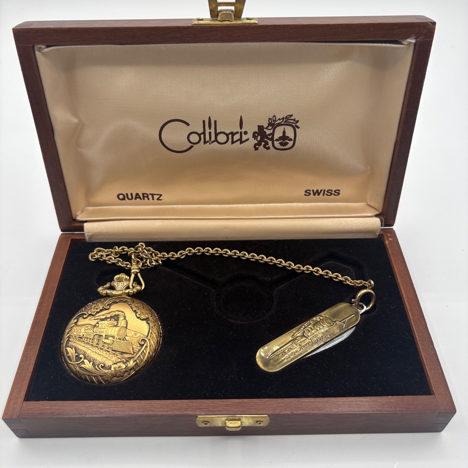 Colibri Swiss Quartz Pocket Watch and Knife Set, Train Motif Original Wooden Box