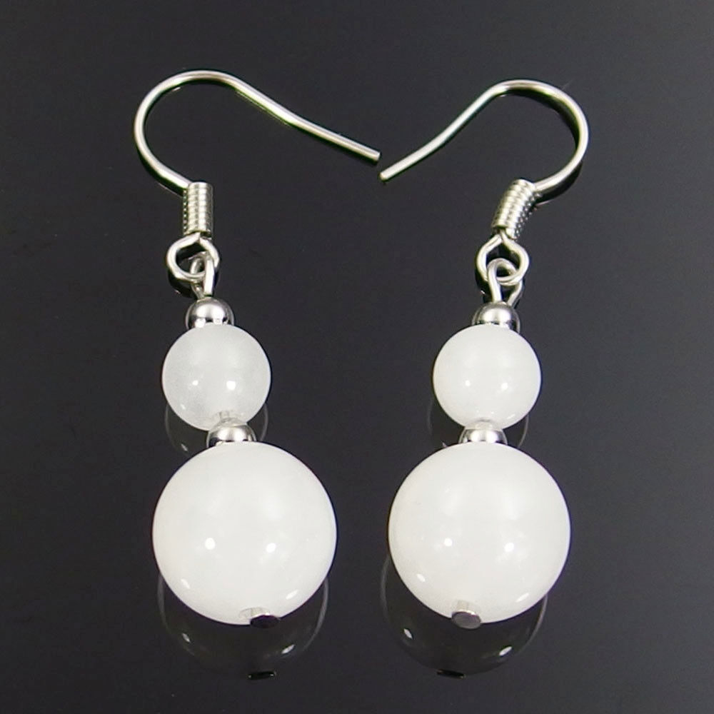 2 Pairs 6mm 10mm Natural Gemstone Smooth Round Beads Silver Hook Dangle Earrings