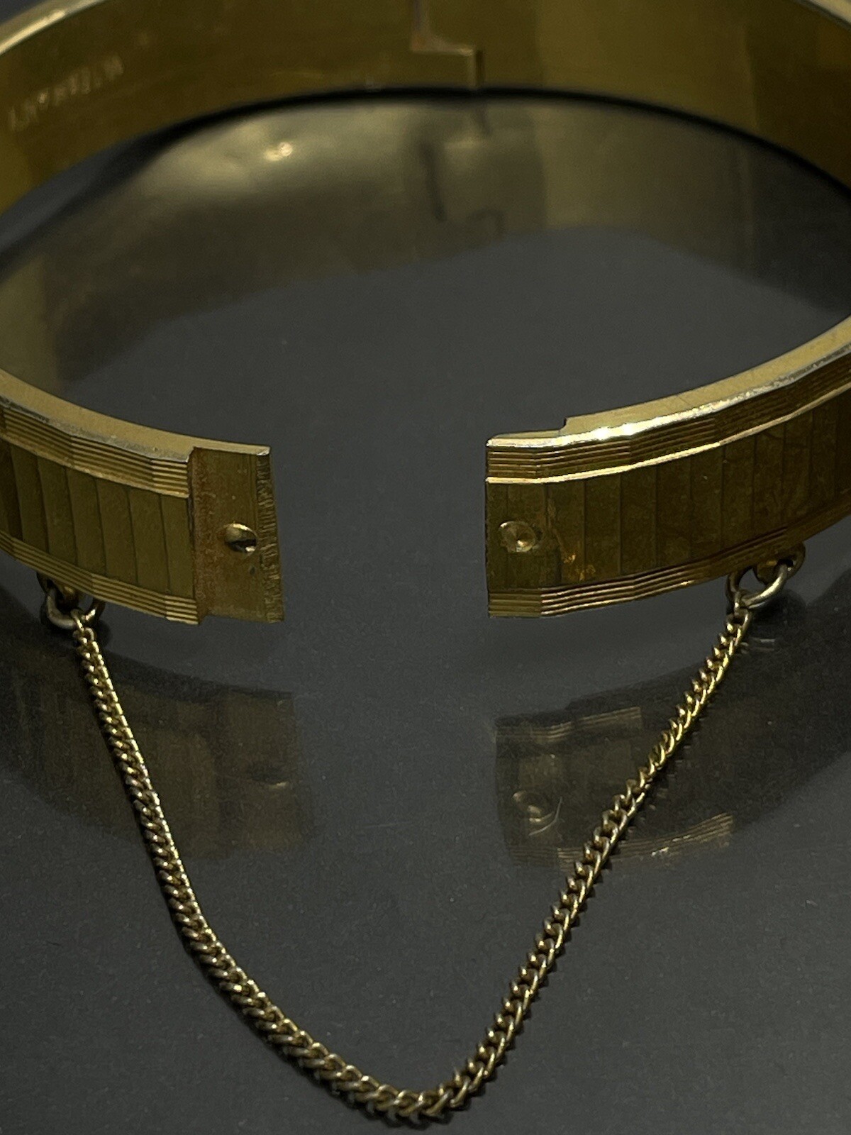 Vintage West Germany Hinged Bracelet Gold Tone With Safety Chain 7” Signed✨