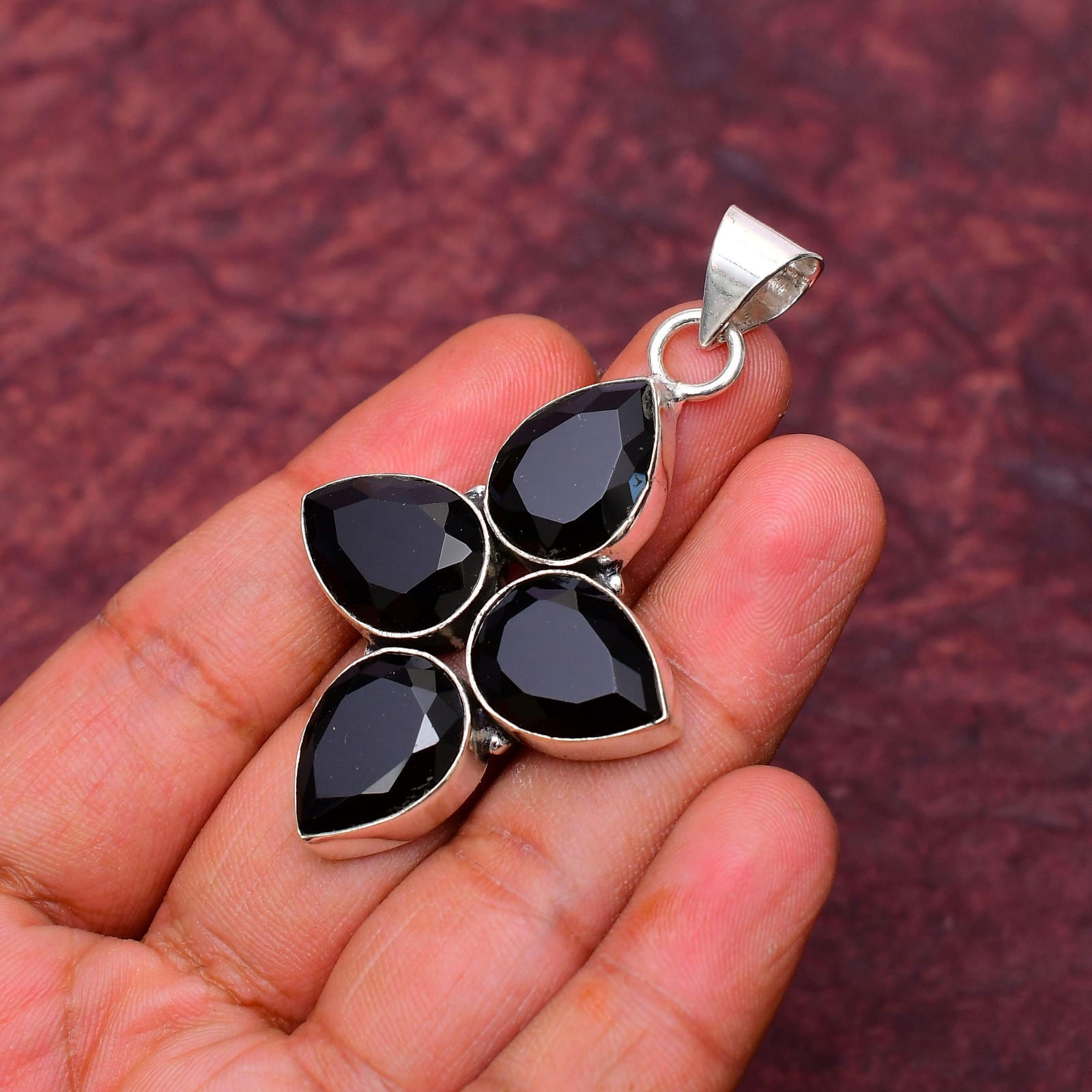 Black Onyx Gemstone 925 sterling silver Handmade Cross Pendant jewelry 2.28″