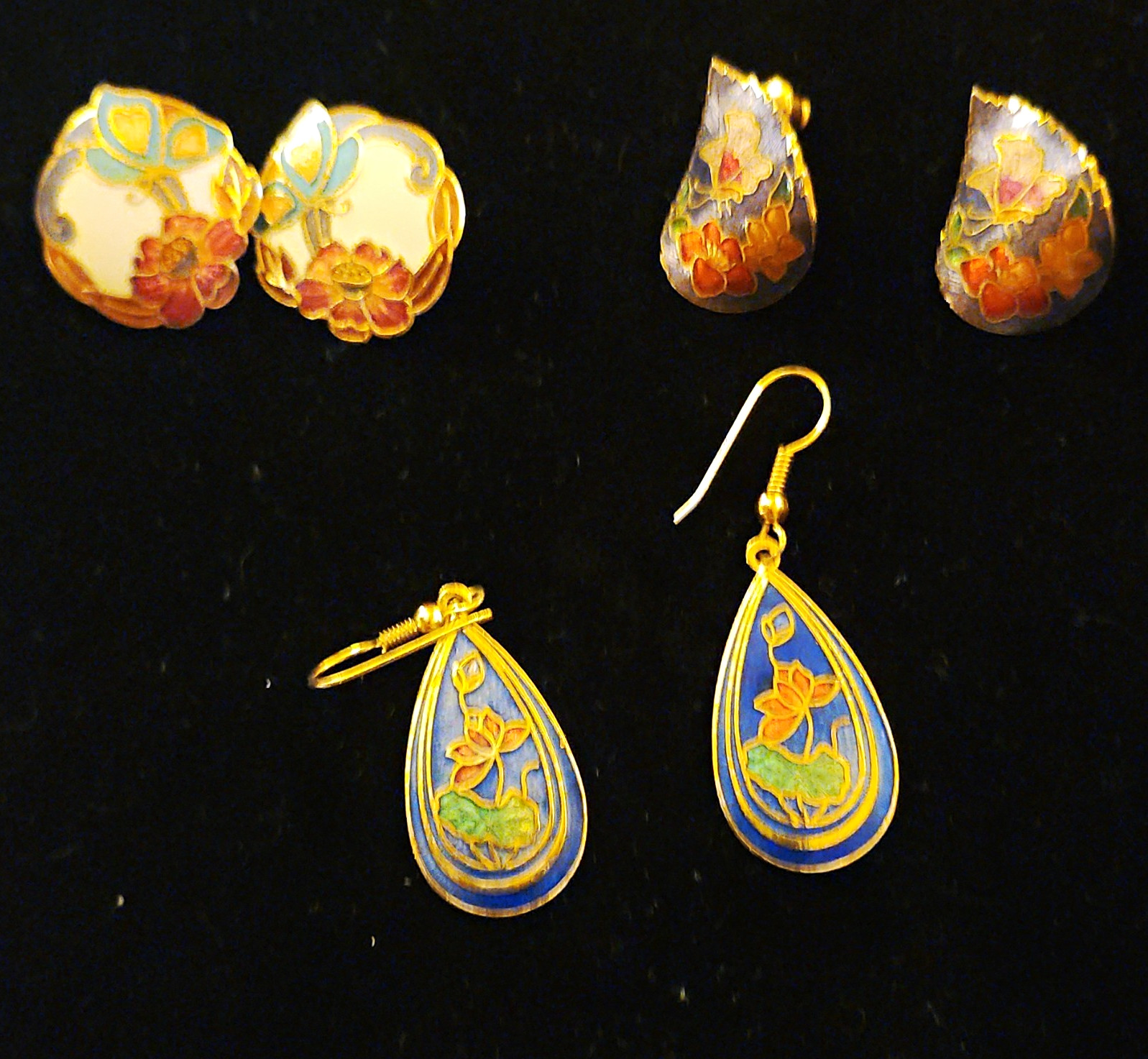 Women’s Mixed Lot 3 Pairs Floral Enamel Cloisonne Gold Tone Earrings, 6pc