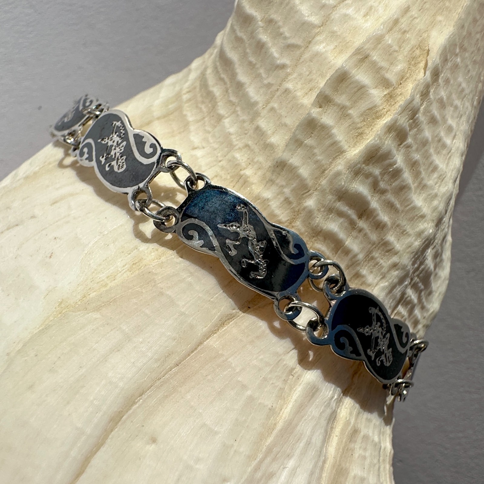 “SIAM STERLING” Thai Dancer Bracelet 6.5″ Sterling Silver w Niello Enamel 6.7g