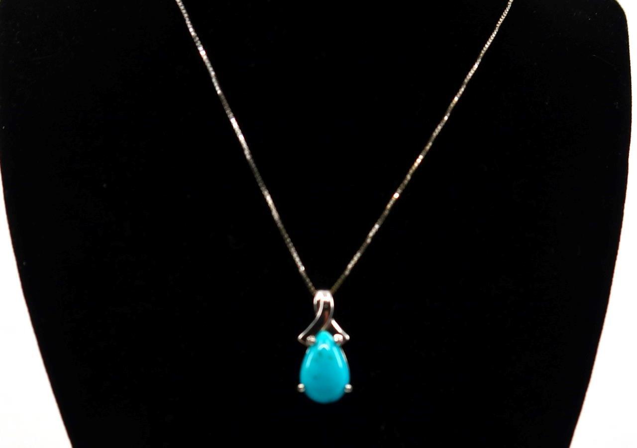 BBJ, Bangkok, Sterling Silver 925 Tear Drop Turquoise Pendant & Necklace, 18-20″