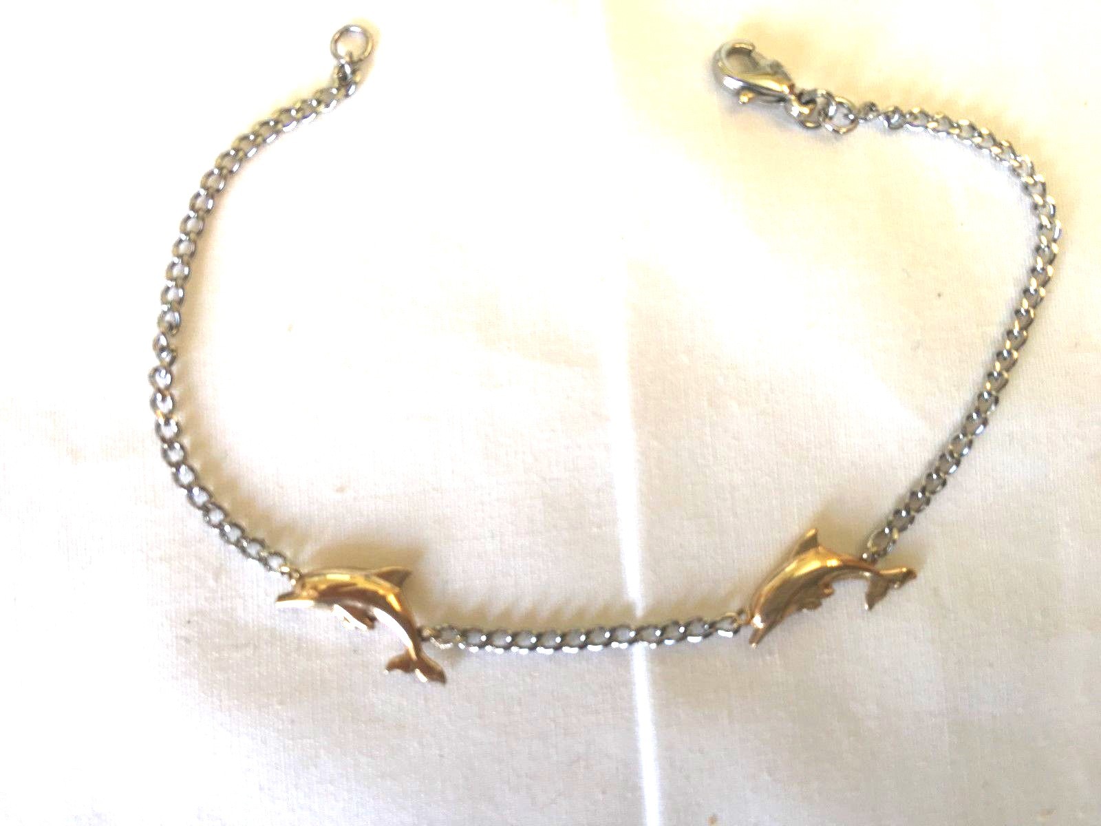 Women’s Polished Stainless Steel Link Bracelet Gold Plated Dolphins 7.5 Inches