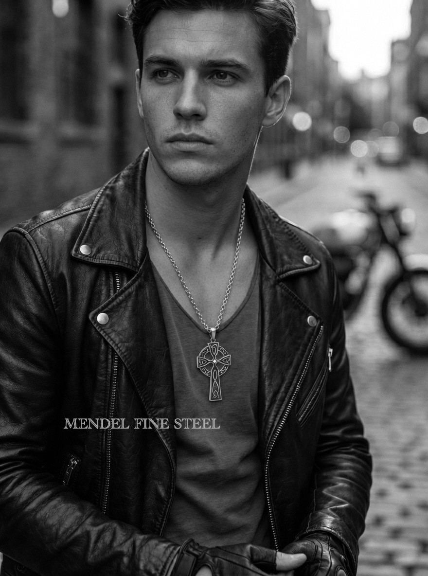 MENDEL Mens Stainless Steel Irish Celtic Knot Cross Pendant Necklace Silver Men
