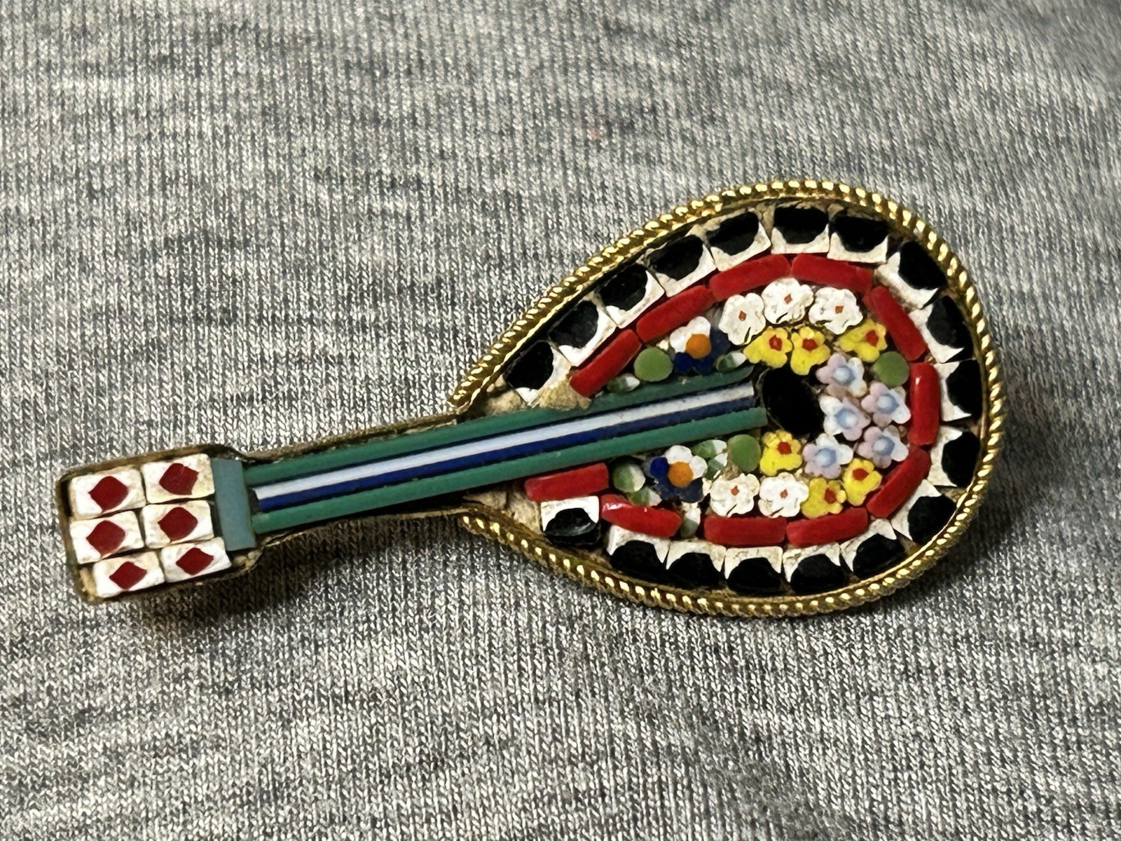 Vintage Italian Micro Mosaic Mandolin Brooch Pin Millefiori Made In Italy 1950s