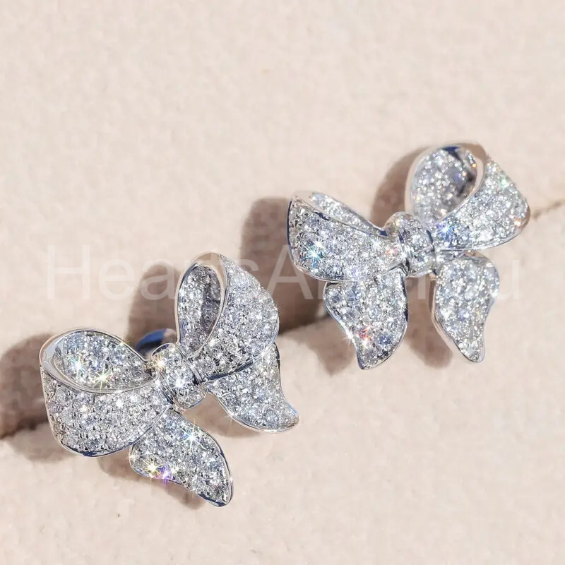 2ct Round Cut Moissanite Bow Design Stud Earring For Women 14K White Gold Plated