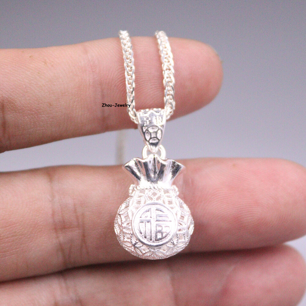 Pure S999 Fine Silver 999 Men Women Lucky Fu Bag Pendant 38*14mm