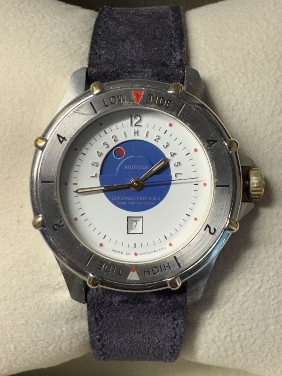 Krieger Tidal Chronometer 7 Jewels Swiss Quartz Mens Watch w/Box Classic Vintage