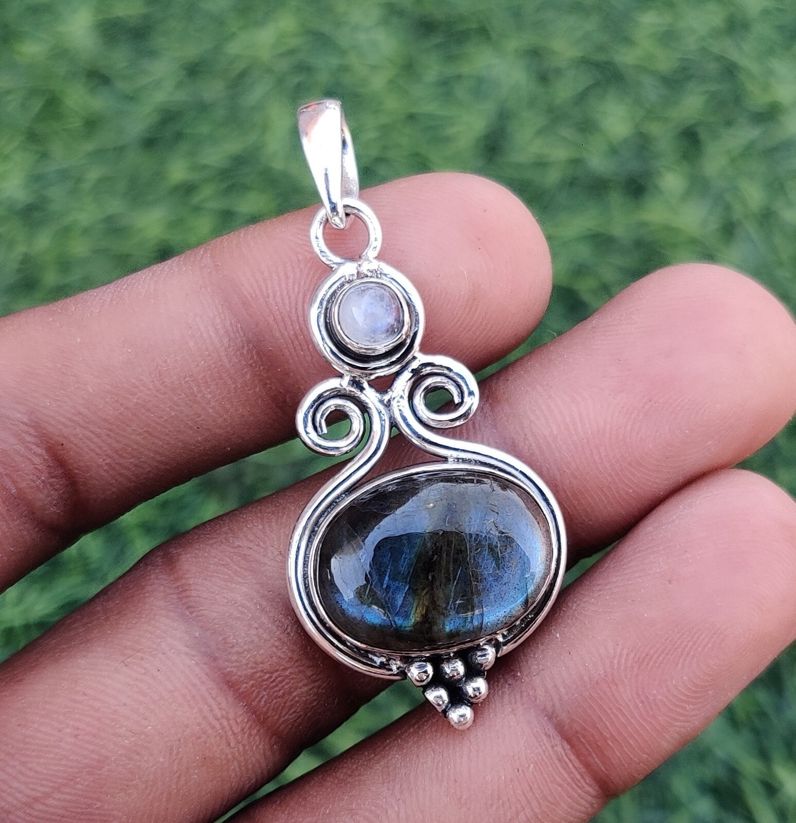 Labradorite& Moonstone Gemstone 925 Sterling Silver Designer Pendent SK2038