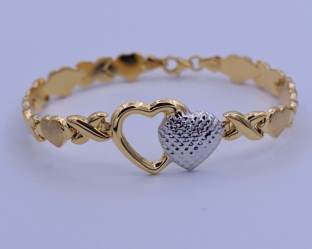 7.25″ Hearts & Kisses Bracelet 14K Yellow White Gold-Plated Silver XOXO 925