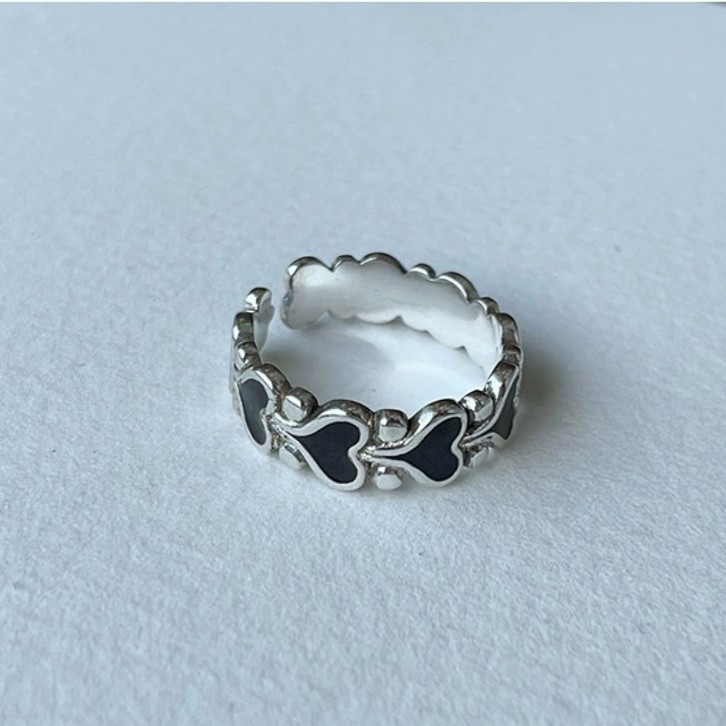 Women’s Vintage Open Ring Fashion Black Enamel Hearts Rank Silver Plated
