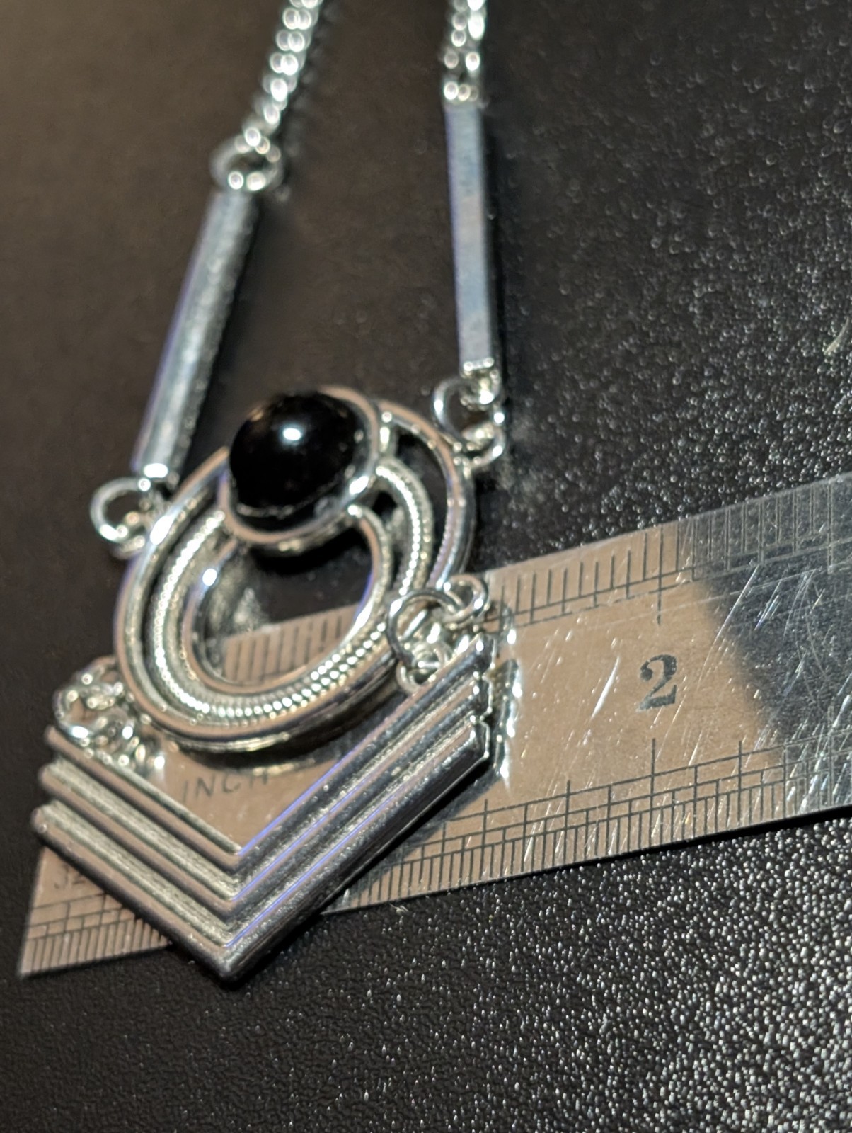 Vintage Art Deco Geometric Chevron Pendant Necklace Silver Tone Black Onyx Style