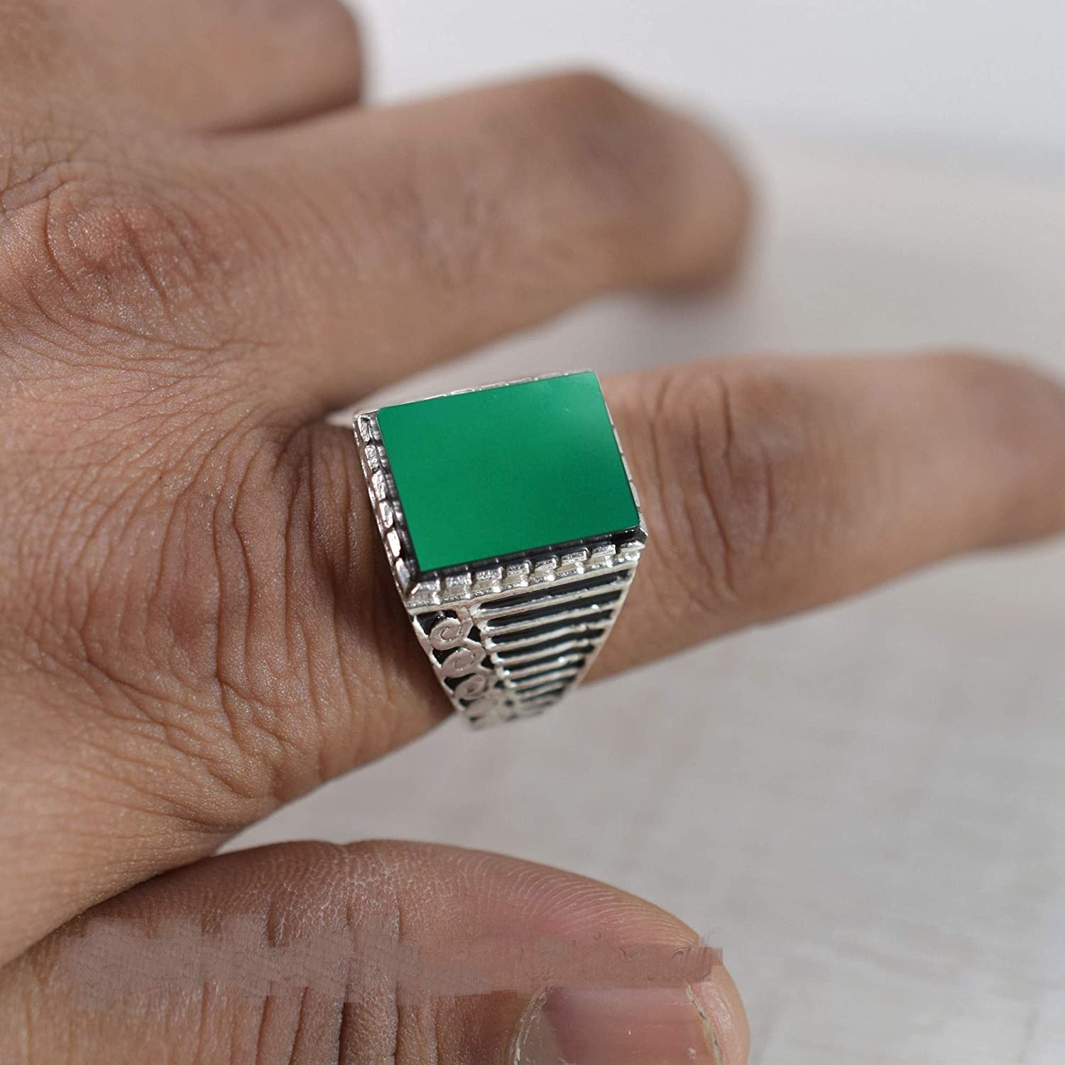 Solid 925 Sterling Silver Natural Green Onyx Gemstone Signet Men’s Unisex Ring