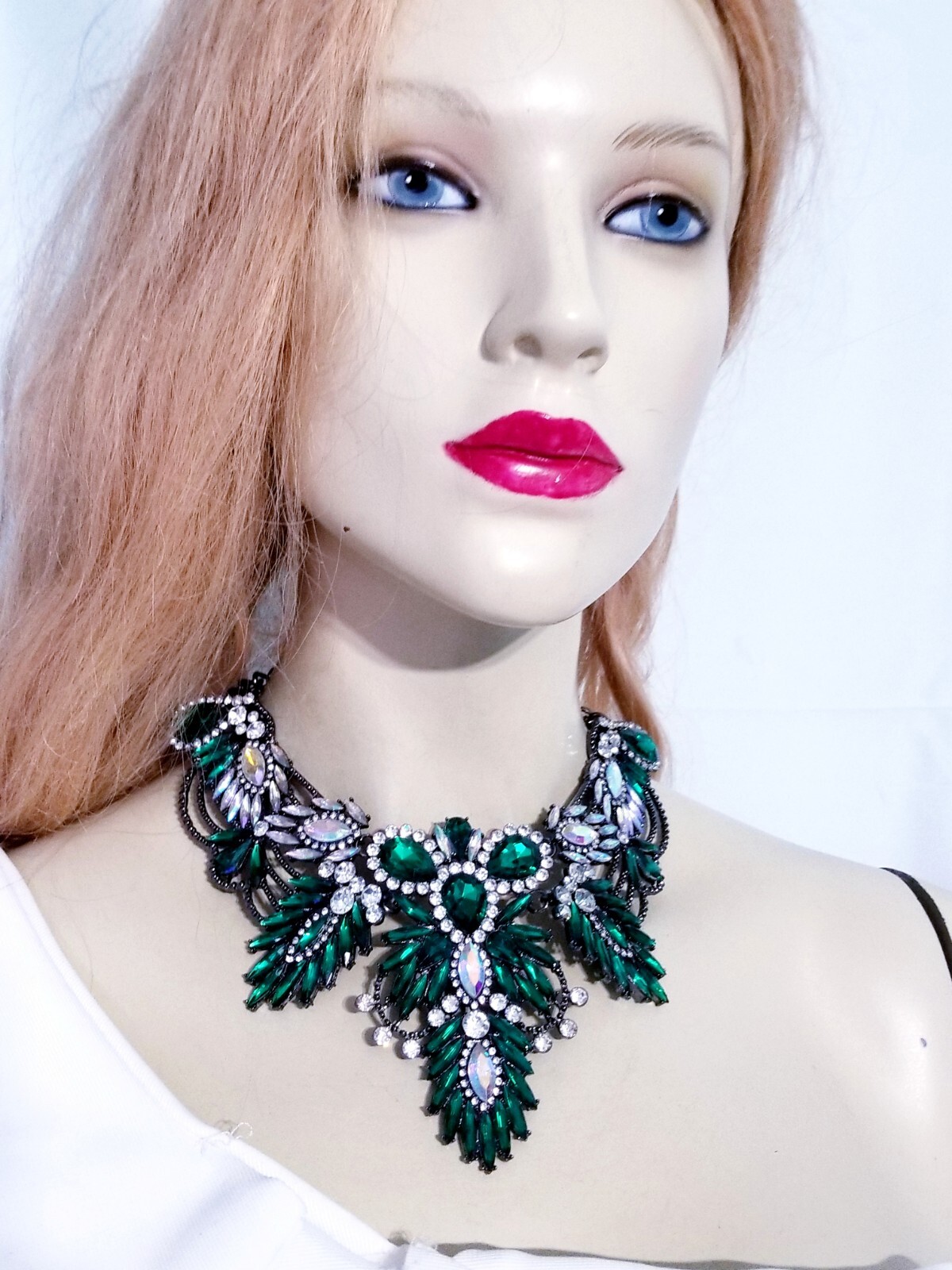 Green Statement Choker Rhinestone Necklace Bridal Prom Pageant Gothic
