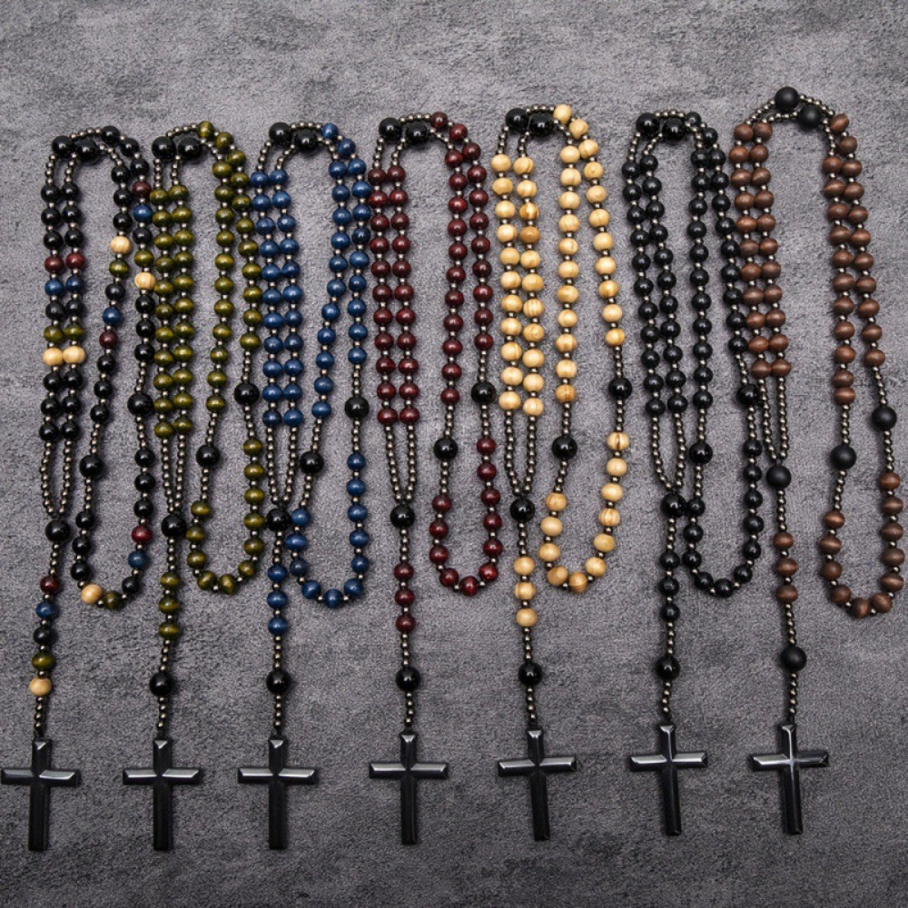 Wooden Prayer Beads Black Gallstones Cross Religious Necklace Wishing Pendant