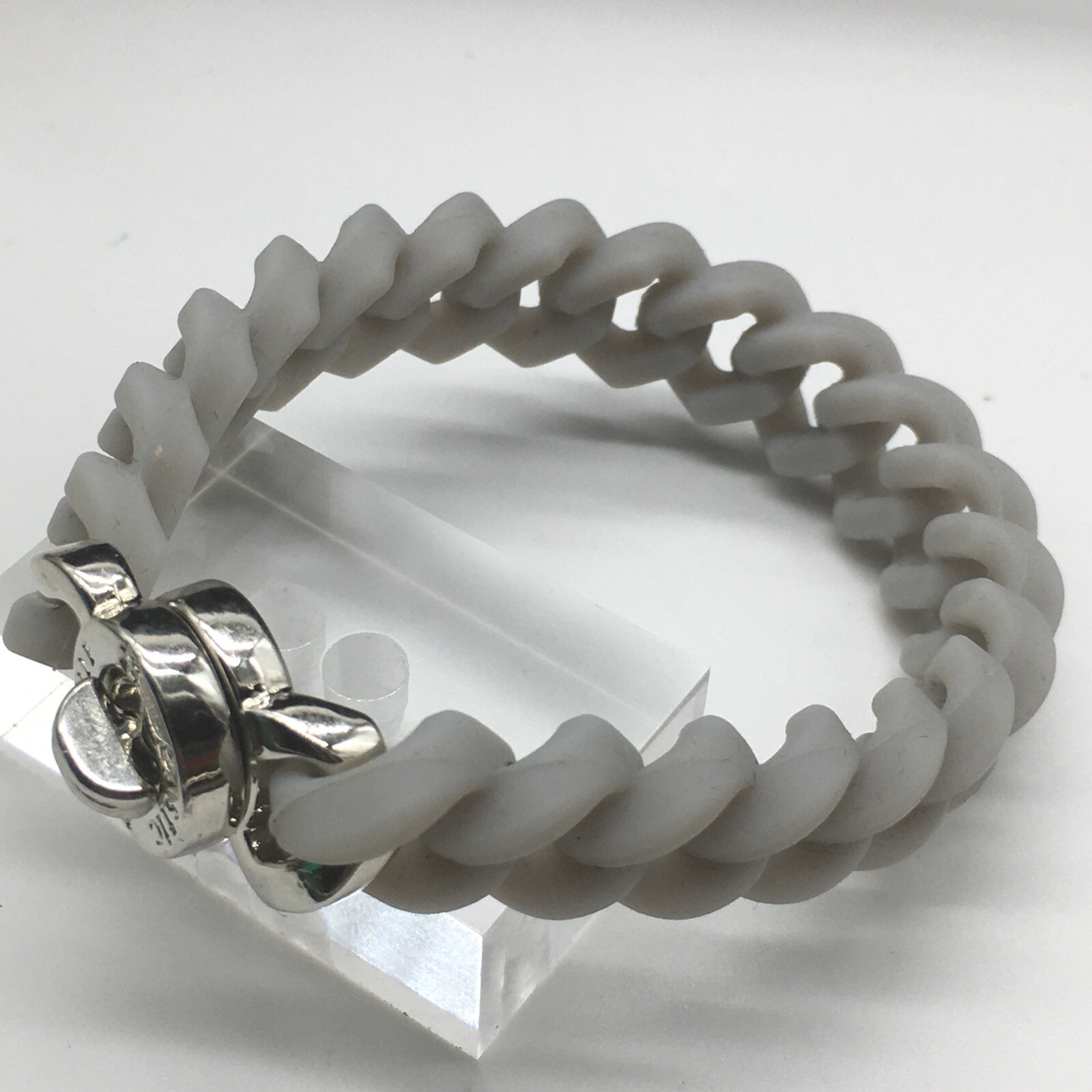 Rustic Cuff Gray Silver Tone Logo Turn Lock Silicone Stretch Chain Bracelet