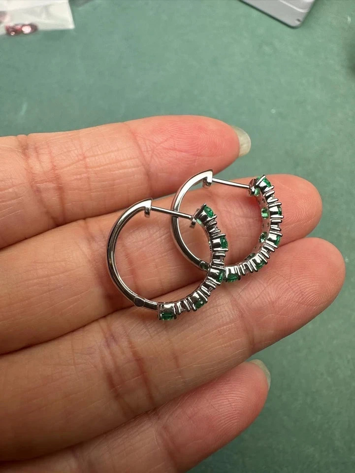 Women’s Engagement Hoop Earrings Round Cut Simulated Emerald 925 Starling Silver