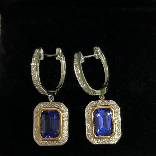 Natural Blue Tanzanite Diamond Leveback Dangle Earrings Solid 14K Gold Jewelry
