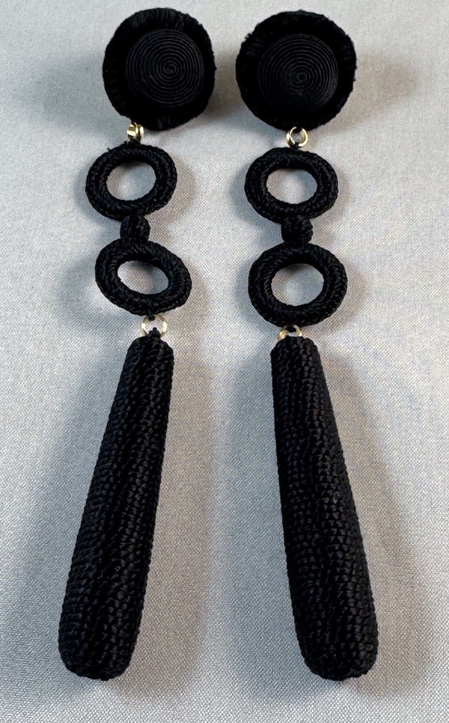 LEYLA GANS Gold Tone Amelie Wrapped Cord Drop Earrings ~ Black silk cord~Pierced