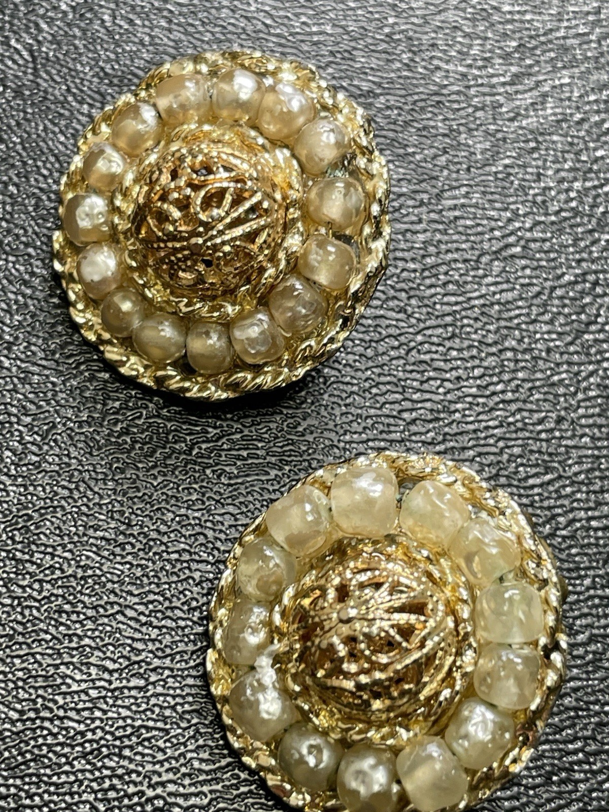 Vintage 1” Round Lucite Filigree Gold Tone Beaded Clip Earrings