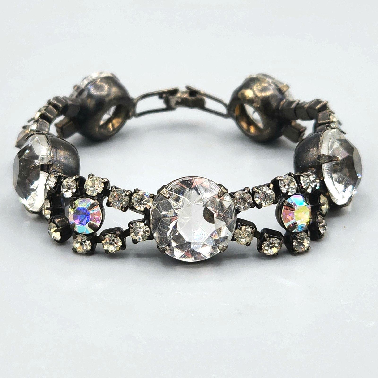 Vintage Unsigned Molded Glass and AB Chaton Rhinestone Japanned Bracelet 7”