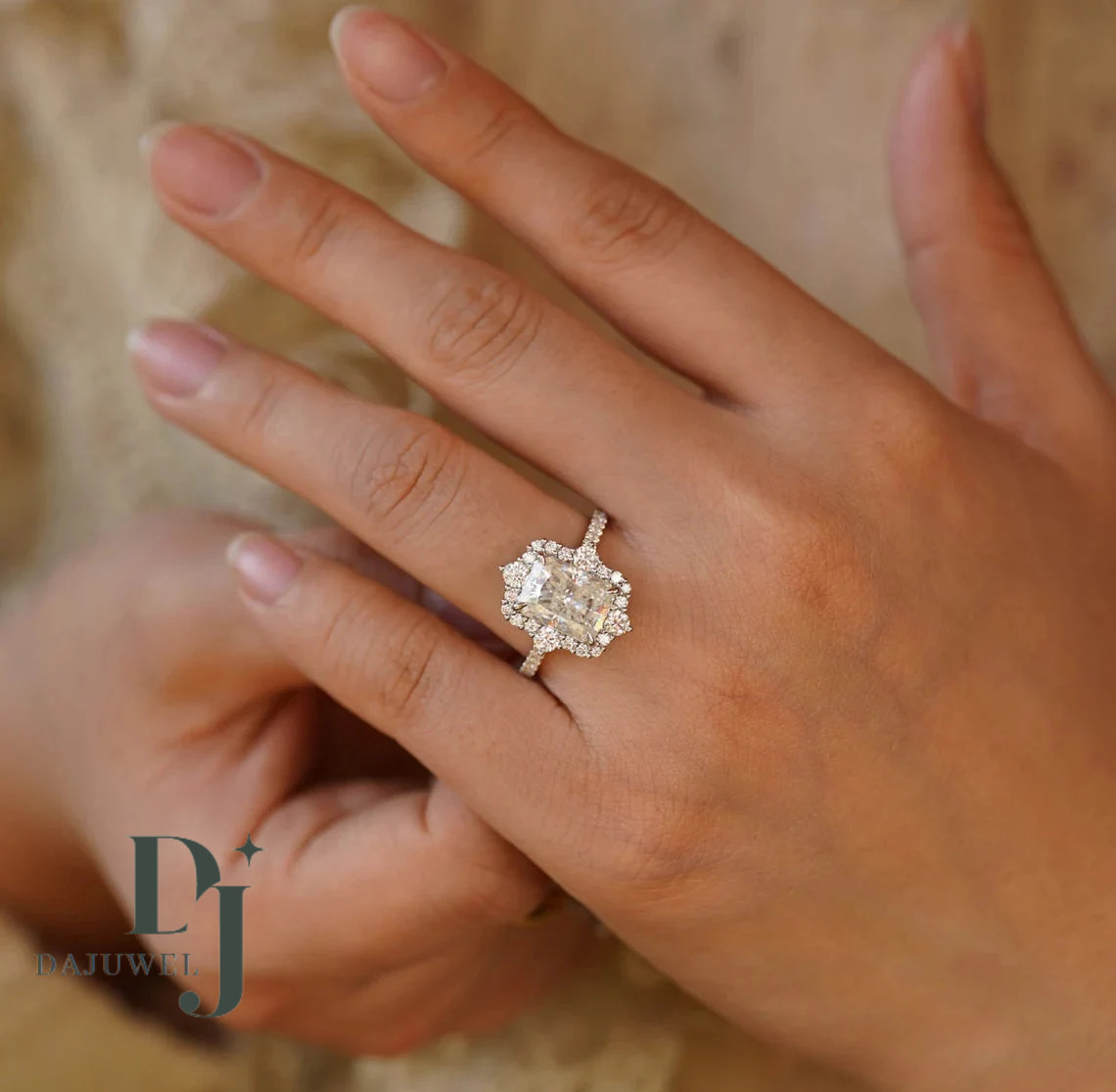 F/VVS1 Moissanite Halo Engagement Ring Solid 14K White Gold 2.50 CT Radiant Cut
