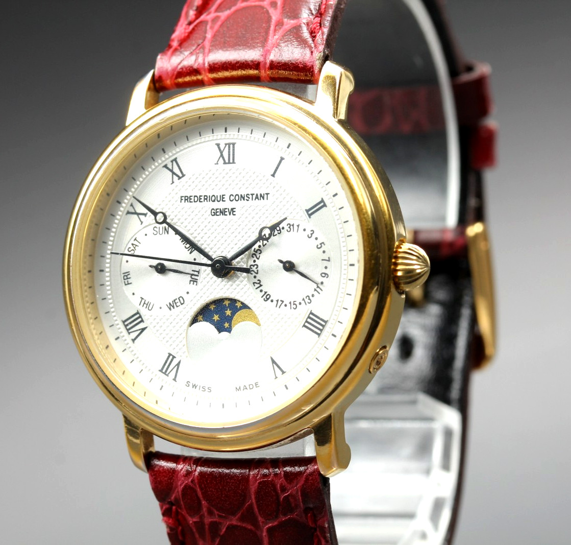 Vintage Frederique Constant Geneve Moon Phase Gold Men’s Quartz Watch [N MINT]