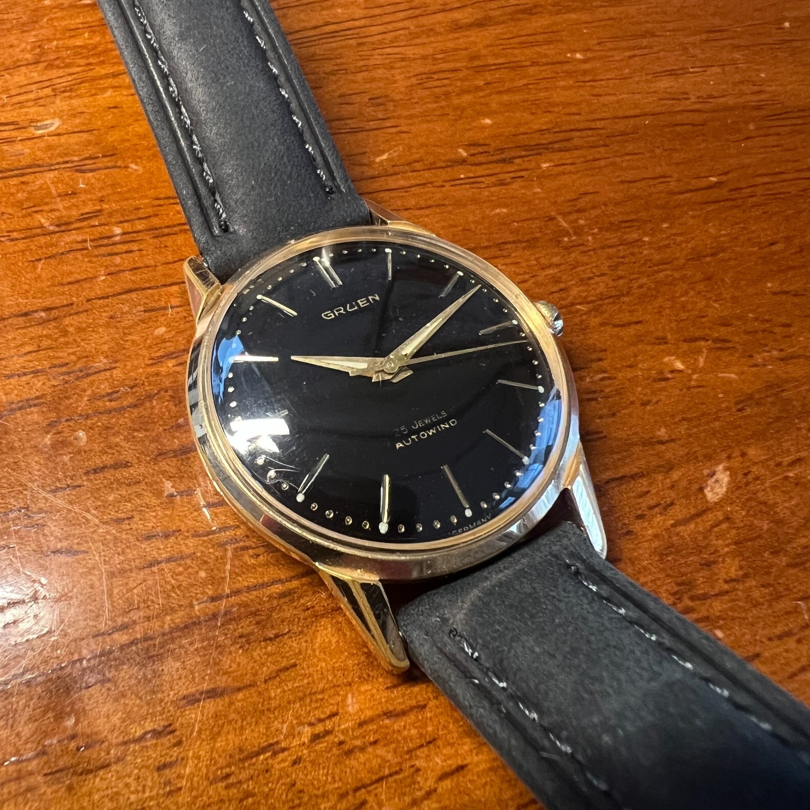 Vintage Gruen Automatic Watch, Gold Tone Case, Black Dial, Mid-Century Men’s