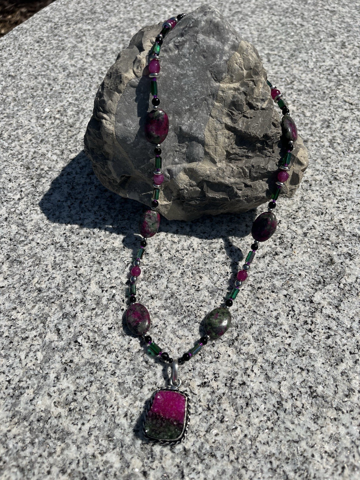 Handcrafted Ruby Zoisite Druzy Pendant Necklace & Pink Tourmaline RARE w/ black