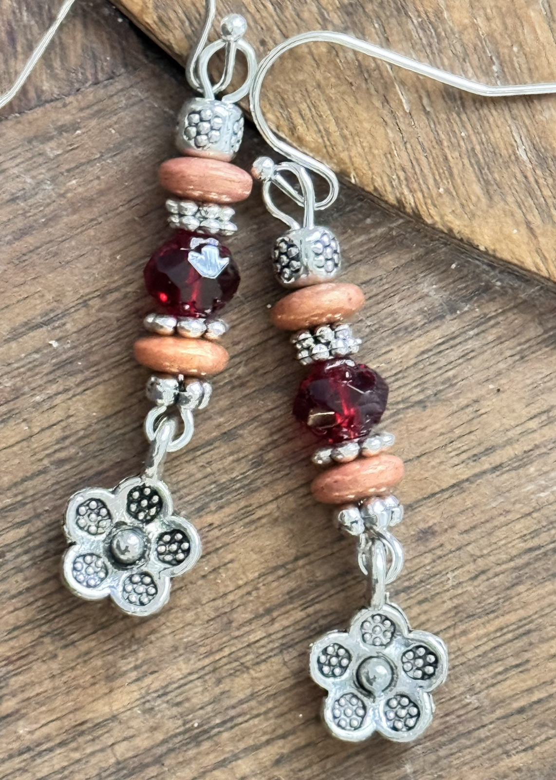 Silver Flower, Dusty Rose and Red Picasso Czech Rose Glass Bead Earrings.