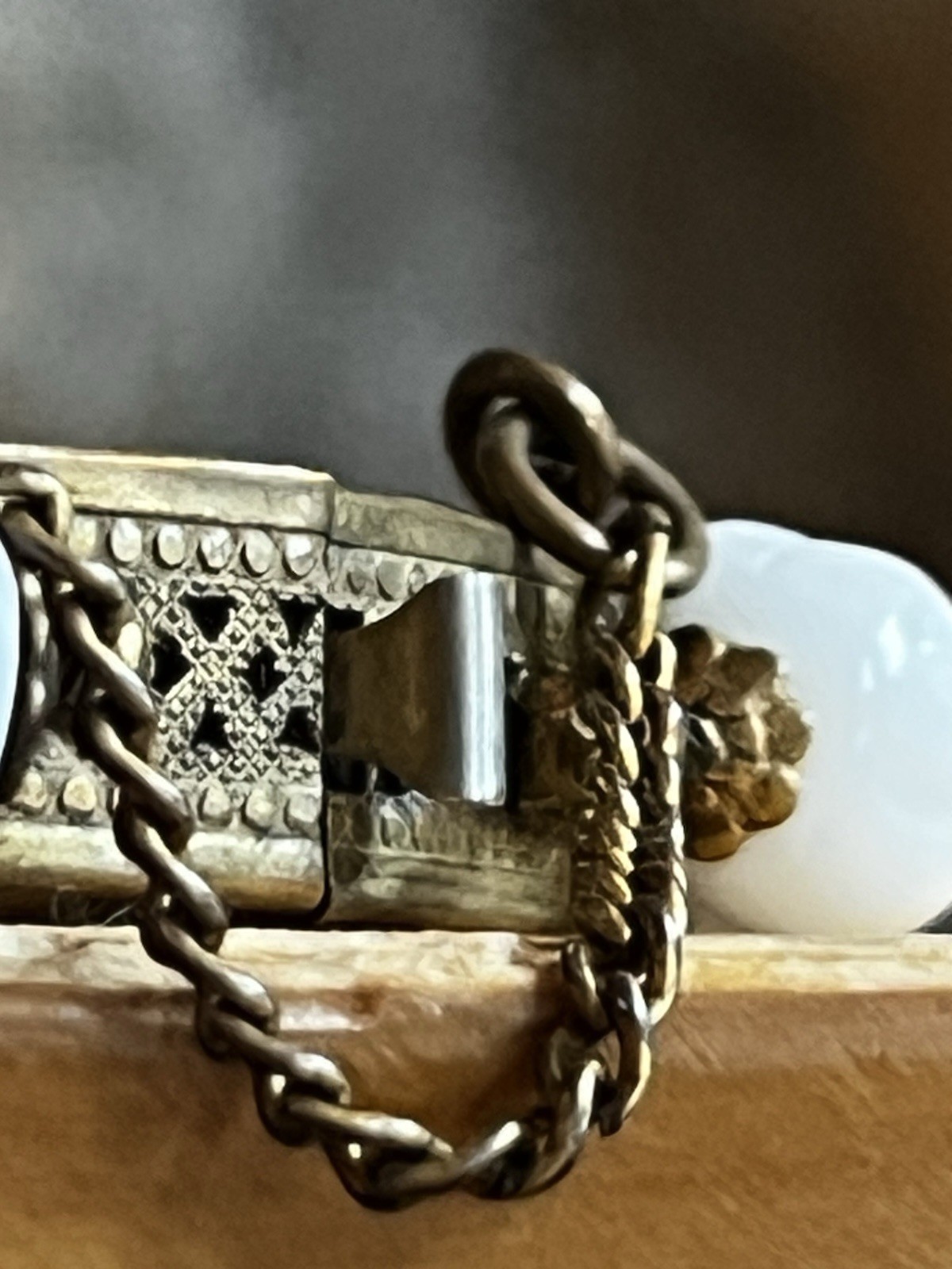 Vintage Miriam Haskell Bracelet 9” Brass Filigree Clasp Glass Beads Safety Chain
