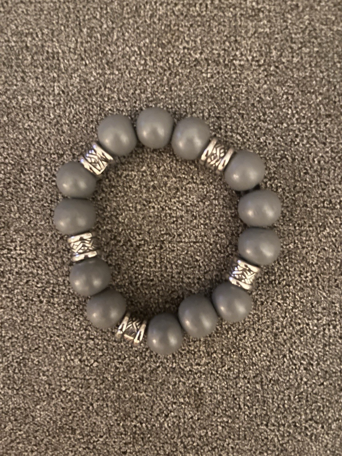 Gray Stone/Metal Round Beaded Stretch Bracelet, Stackable, Silver-Tone Spacers