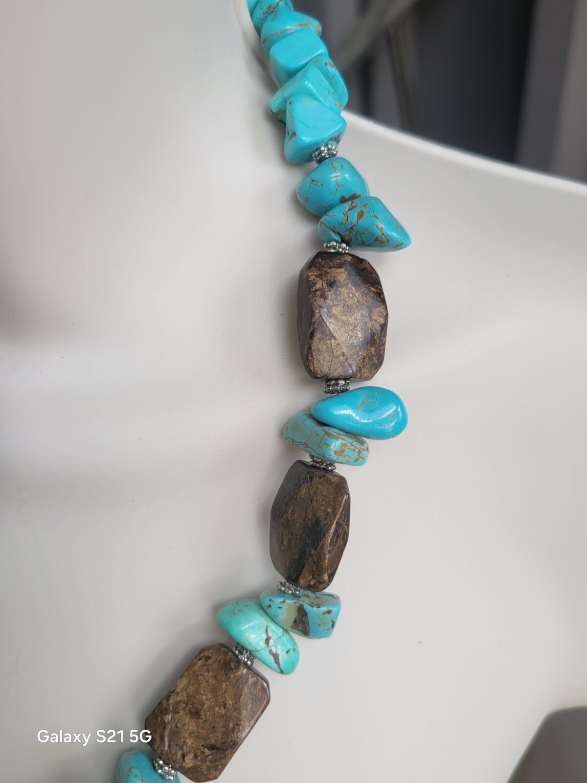 Turquoise-Bronzite Necklace 20″ Long Boho Chic Artisan Made Adjustable OOAK