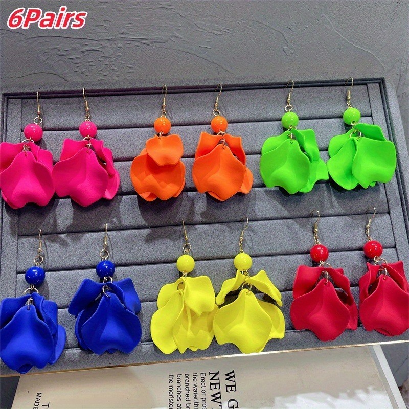 6Pairs Acrylic Petals Tassels Earrings Boho Beadeds Drop Dangle Summer Beach