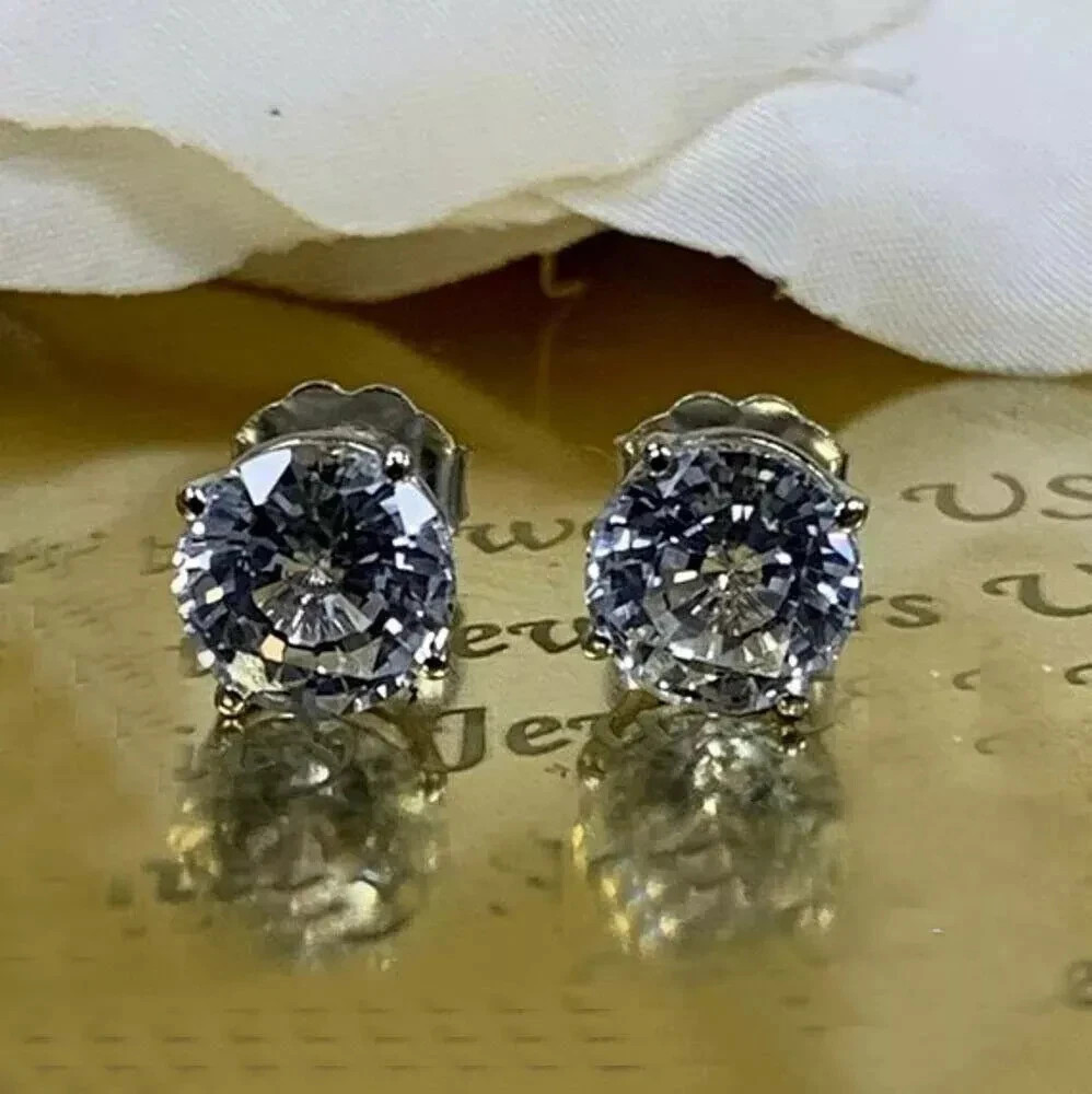 2 CT Round Cut White Moissanite Solitaire Stud Earrings 14k White Gold Plated