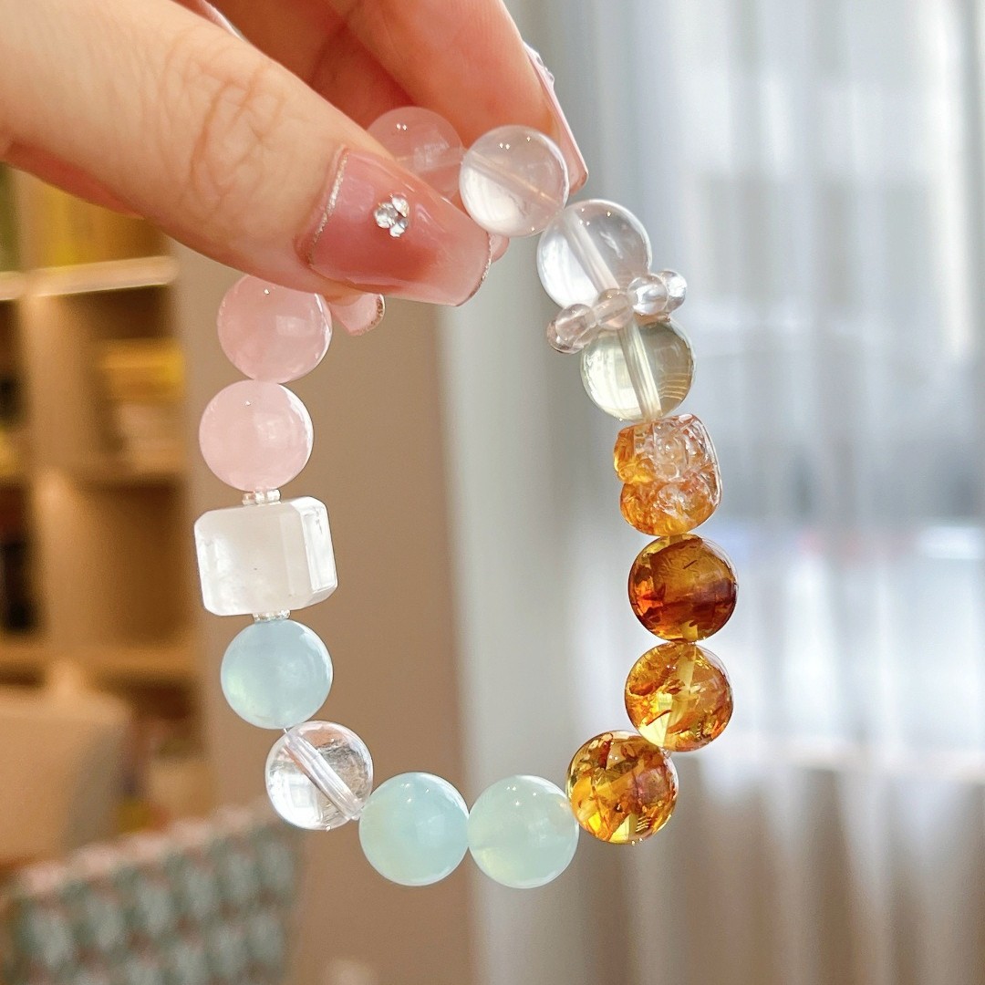 Natural Aquamarine, Rose Quartz, Beeswax, and Amber Handmade Bracelet