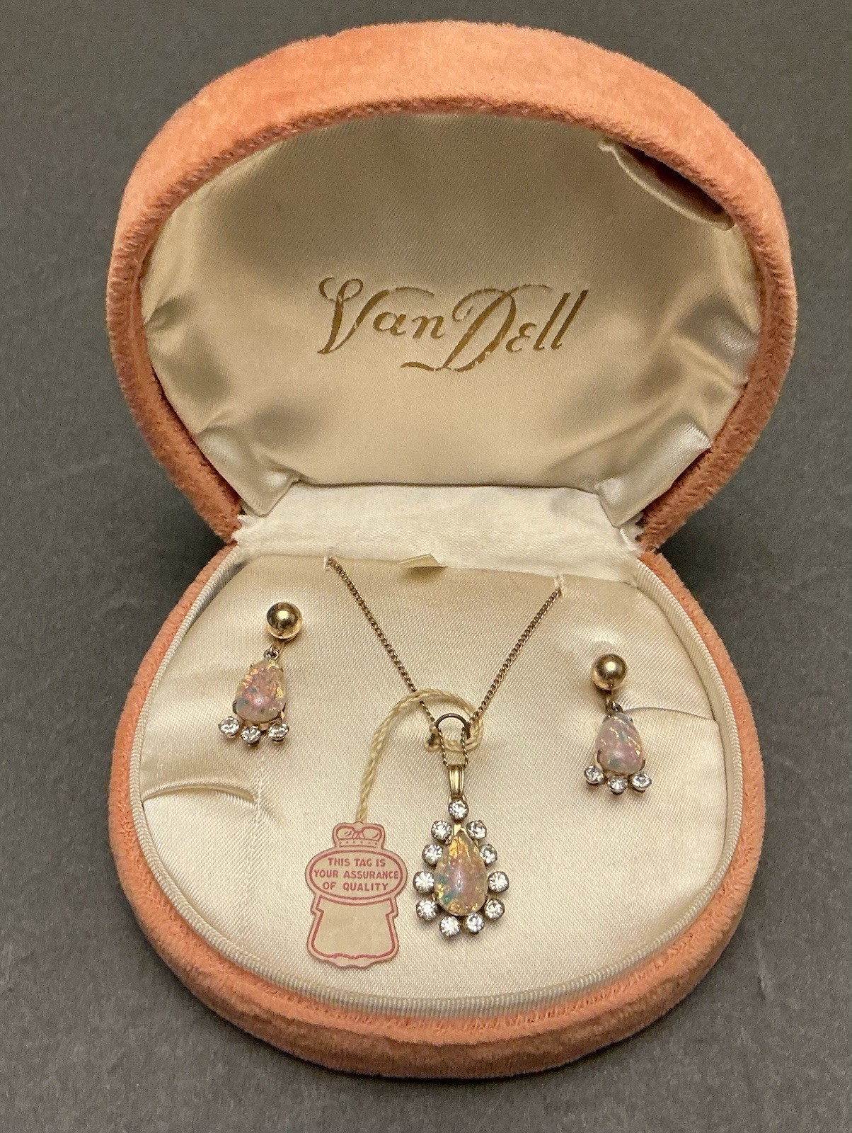 1/20 12k GF Van Dell: Vintage Opal Rhinestone Clip On Earrings/Necklace Boxed