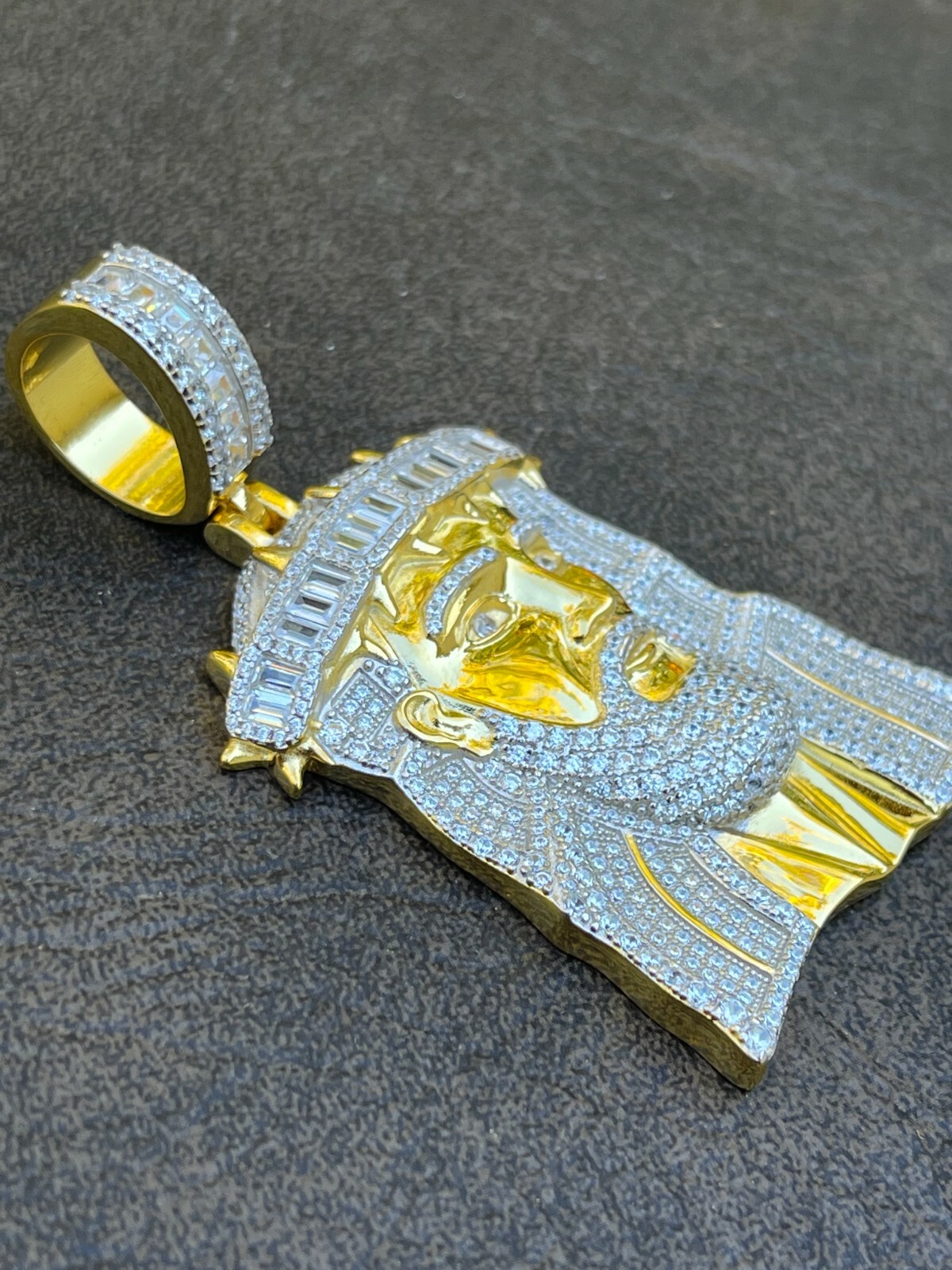 Men’s Large 925 Silver Gold Plated Jesus Piece Iced Hip Hop Necklace Baguette CZ