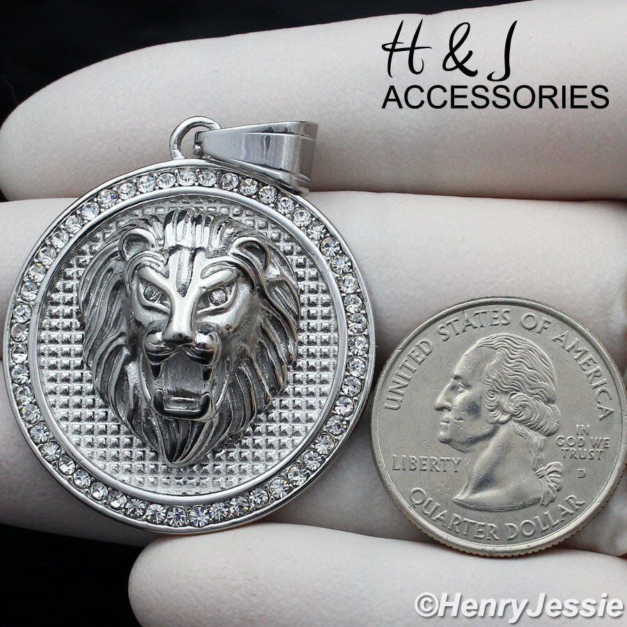 MEN Stainless Steel ICY CZ LION KING FACE 3D Round Pendant*ABP109