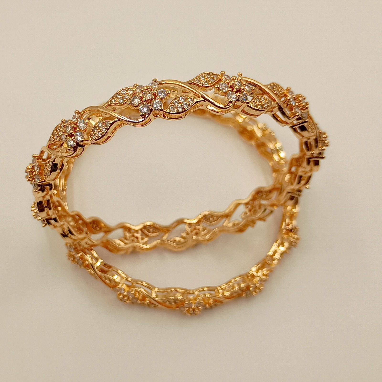 Cubic Zirconia 22k Rose Gold Plated Bangle, CZ American Diamond Bracelet 2 Pcs K