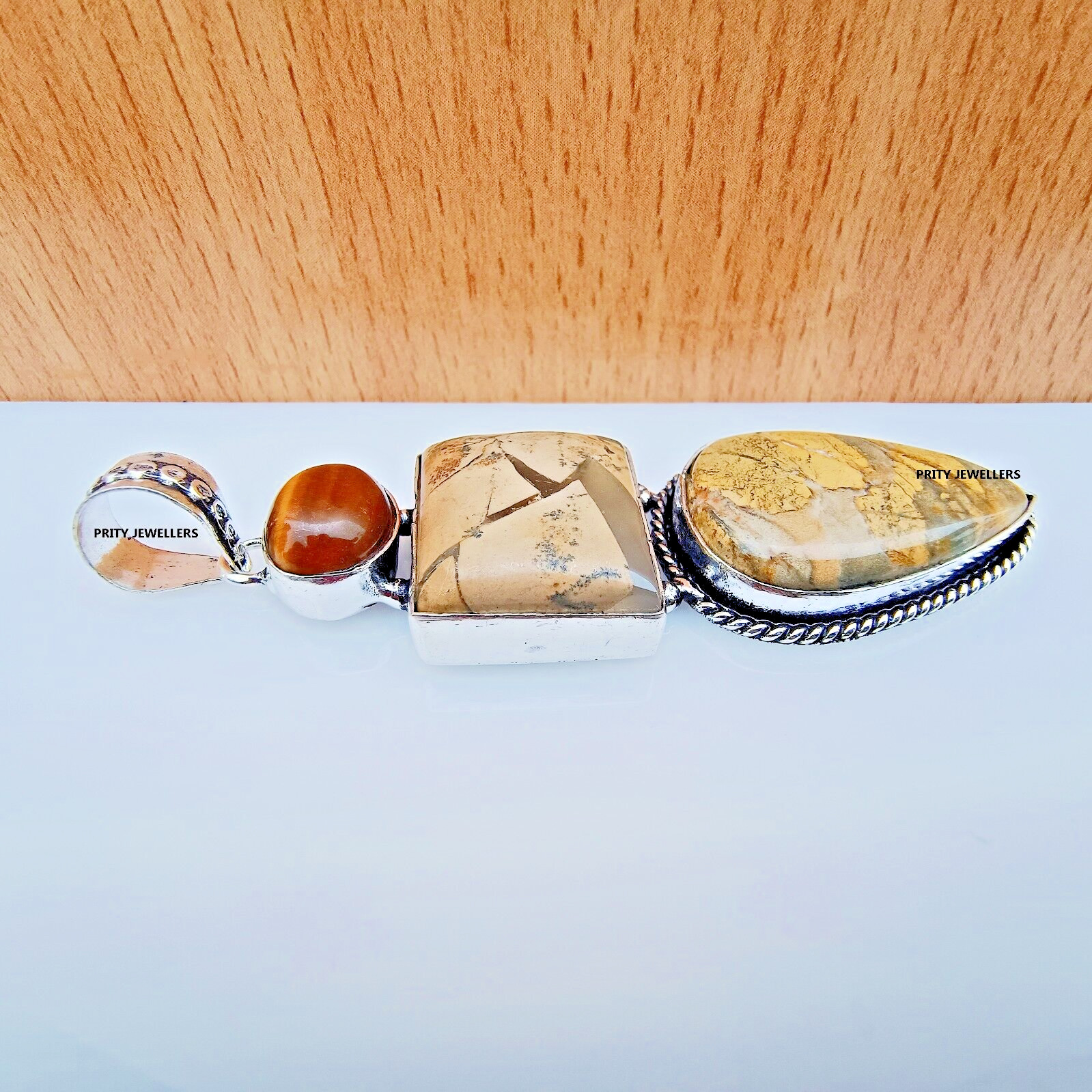 Beautiful Picture Jasper With Tiger Eye 925 Sterling Silver Handmade Pendant