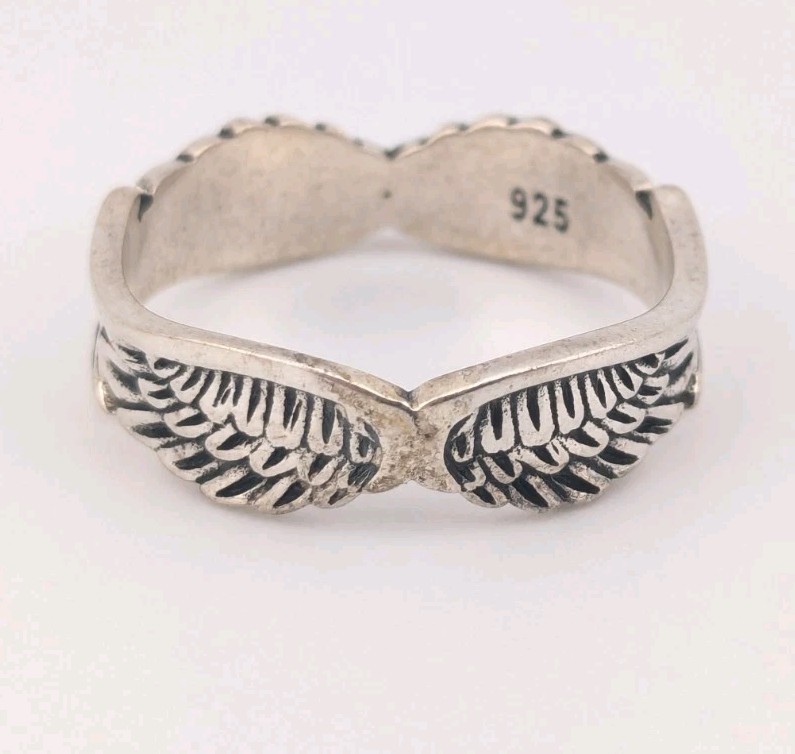 Vintage Sterling Silver Ring Angel Wings Biker Feather Band Size 7.5-7.75
