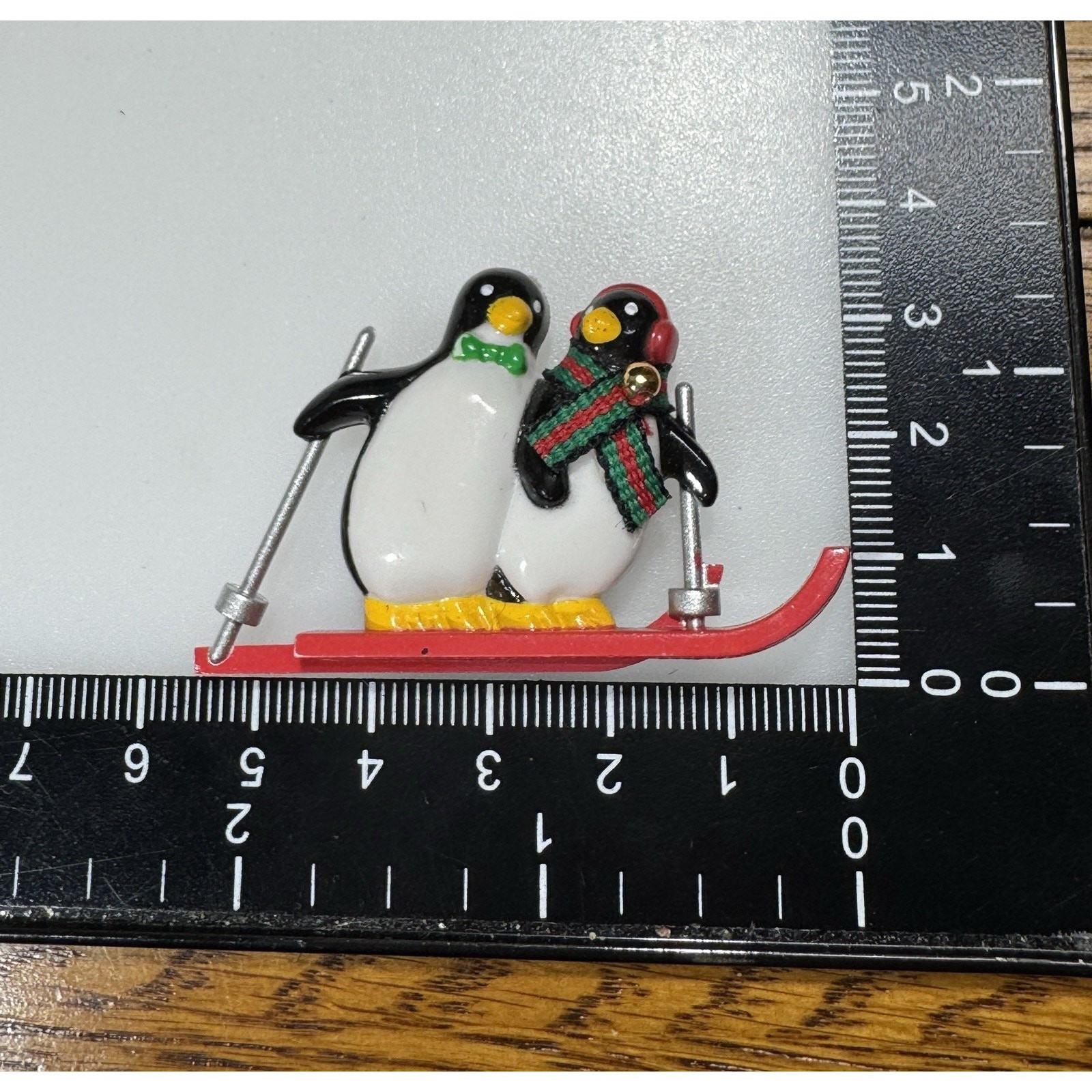 Vintage Brooch Pin Acrylic Christmas Winter Male Female Penguins Skiing 2.25”